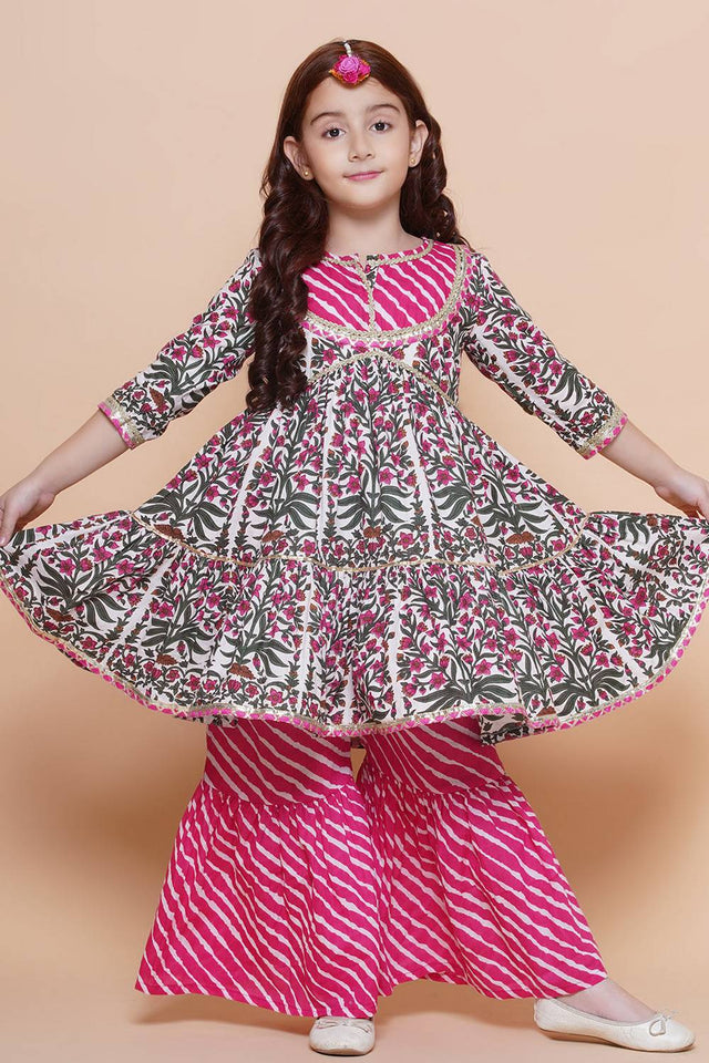 Girl's Multi-Color Floral Printed Cotton Kurta Set