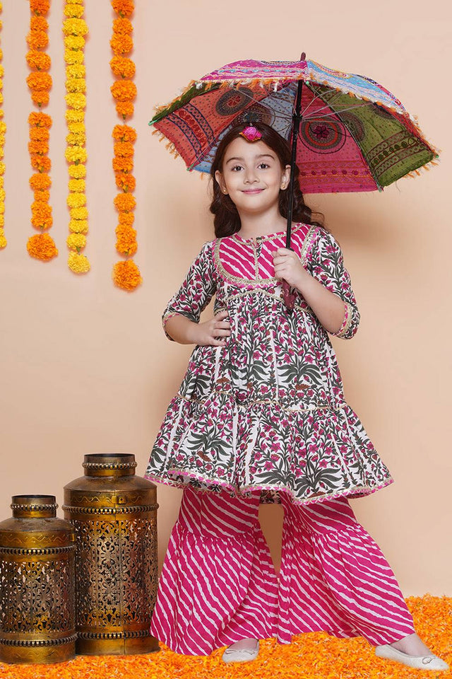 Girl's Multi-Color Floral Printed Cotton Kurta Set
