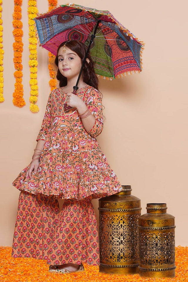 Girl's Peach Floral Printed Cotton Kurta Set