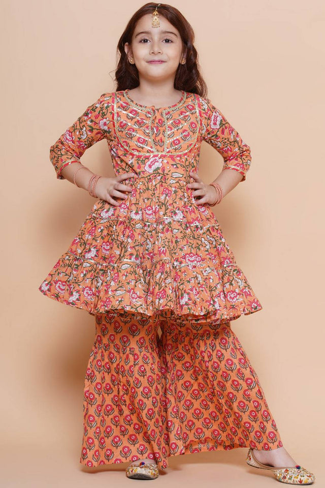 Girl's Peach Floral Printed Cotton Kurta Set