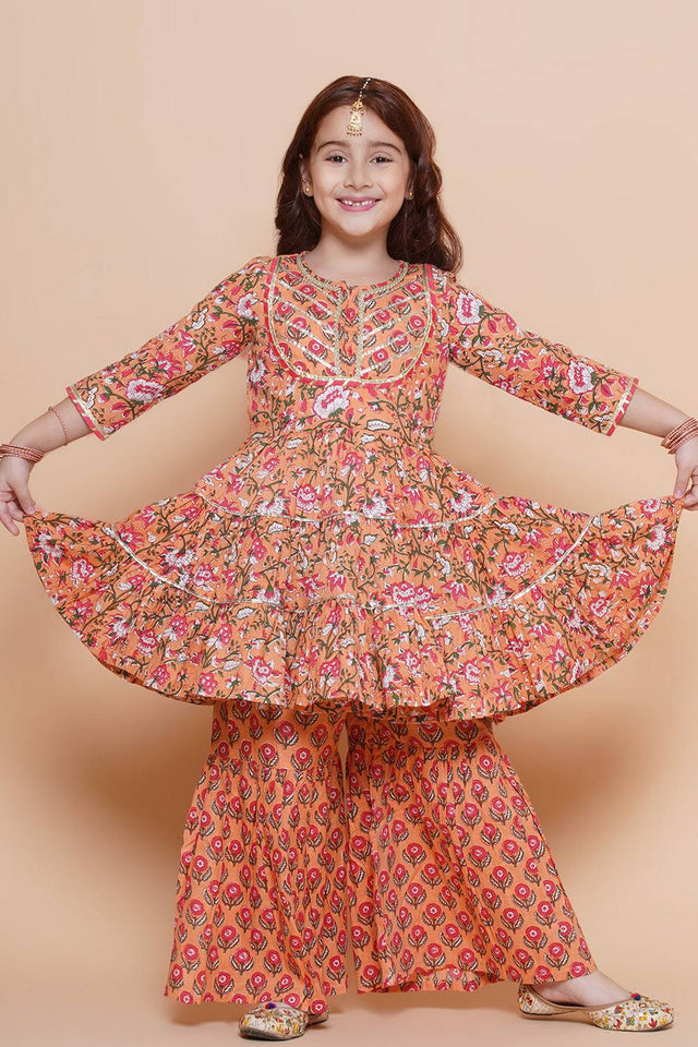 Girl's Peach Floral Printed Cotton Kurta Set