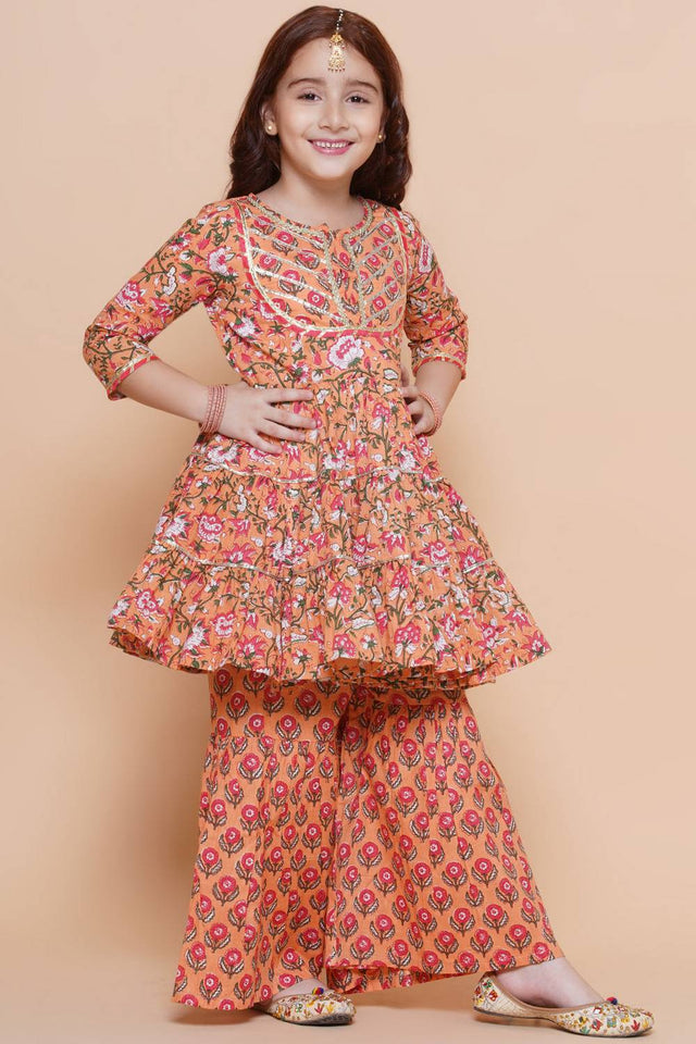 Girl's Peach Floral Printed Cotton Kurta Set