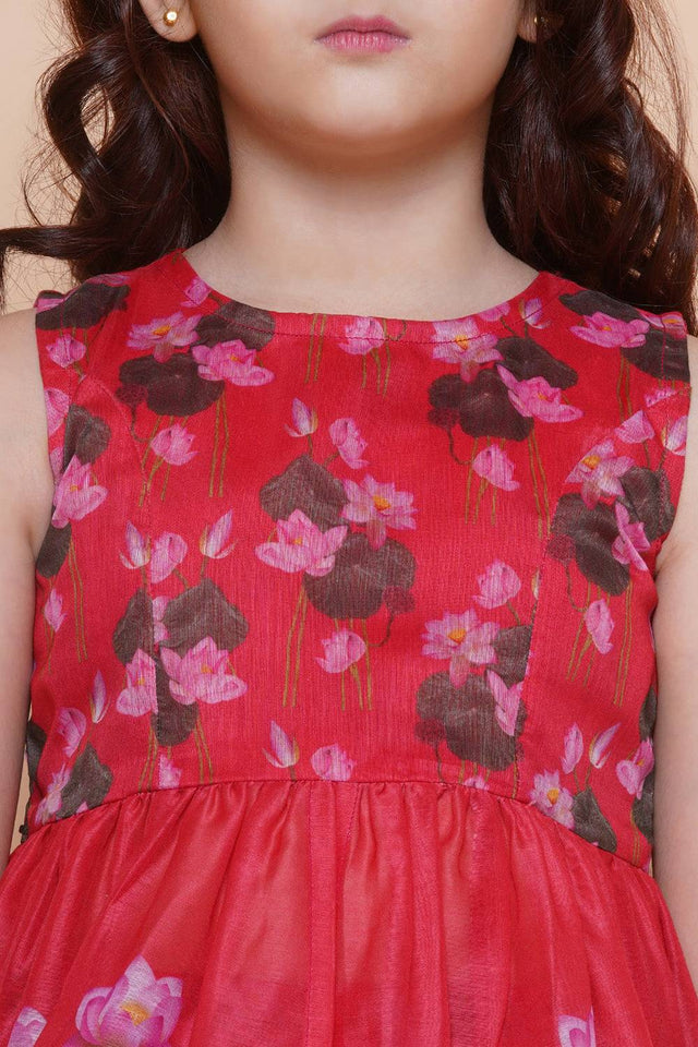 Girl's Red Floral Printed Silk Kurta Set