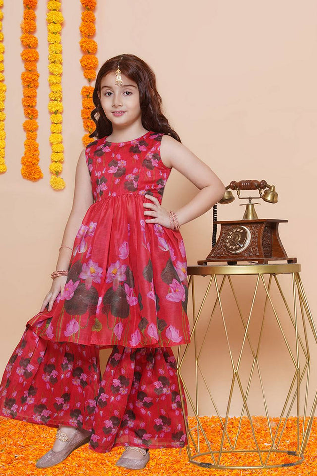 Girl's Red Floral Printed Silk Kurta Set