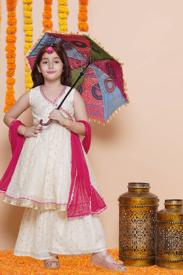 Girl's White Woven Silk Kurta Set
