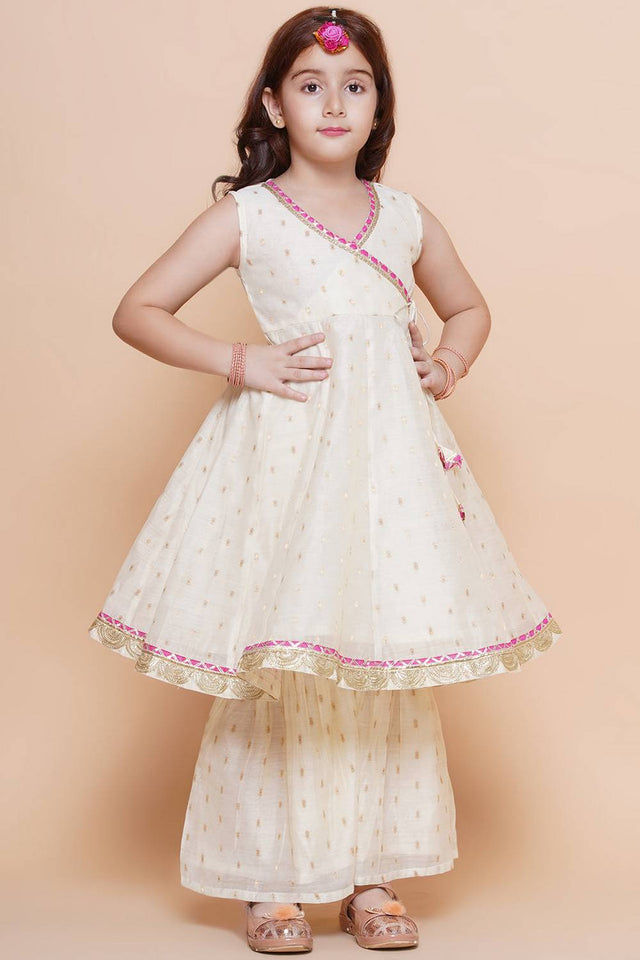 Girl's White Woven Silk Kurta Set