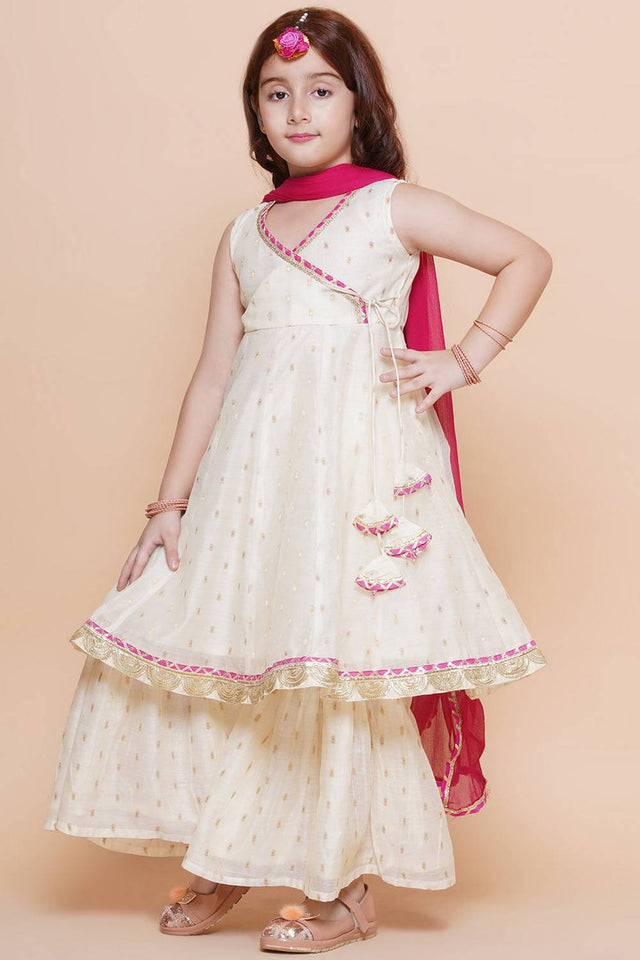 Girl's White Woven Silk Kurta Set