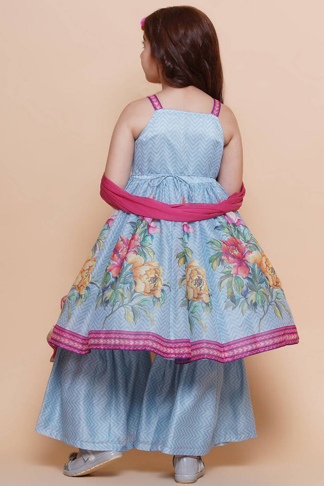Girl's Blue Floral Printed Silk Kurta Set