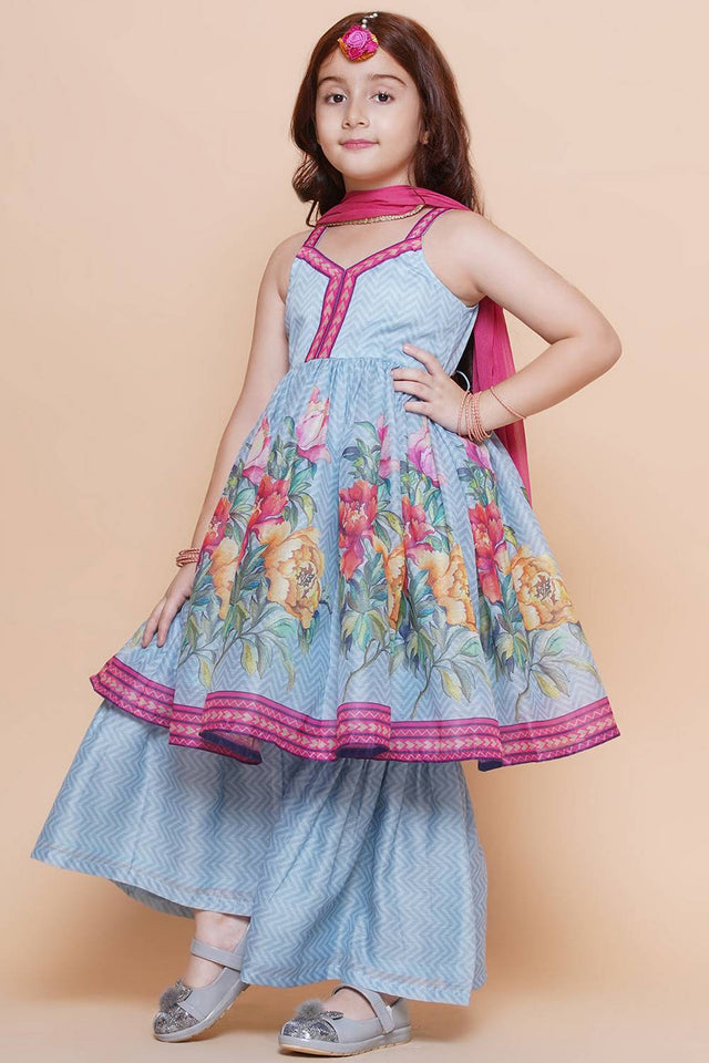 Girl's Blue Floral Printed Silk Kurta Set