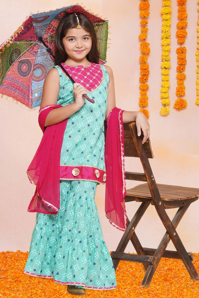 Girl's Sea Green Bandhani Printed Cotton Kurta Set