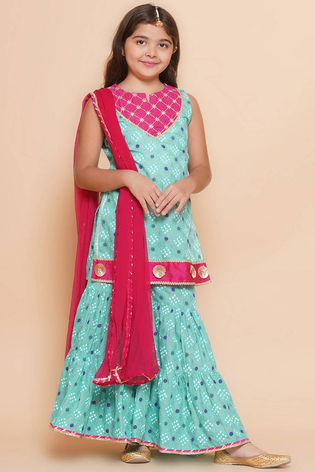 Girl's Sea Green Bandhani Printed Cotton Kurta Set