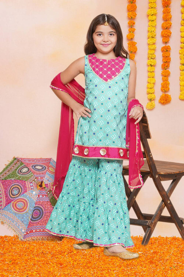 Girl's Sea Green Bandhani Printed Cotton Kurta Set
