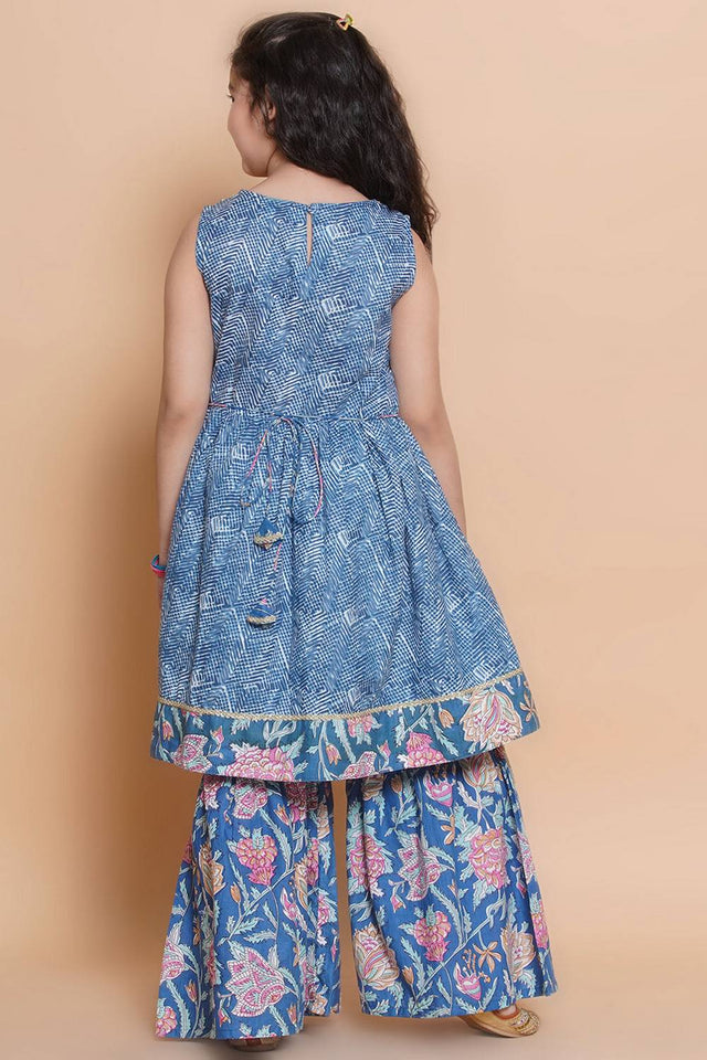 Girl's Blue Foil Printed Cotton Kurta Set