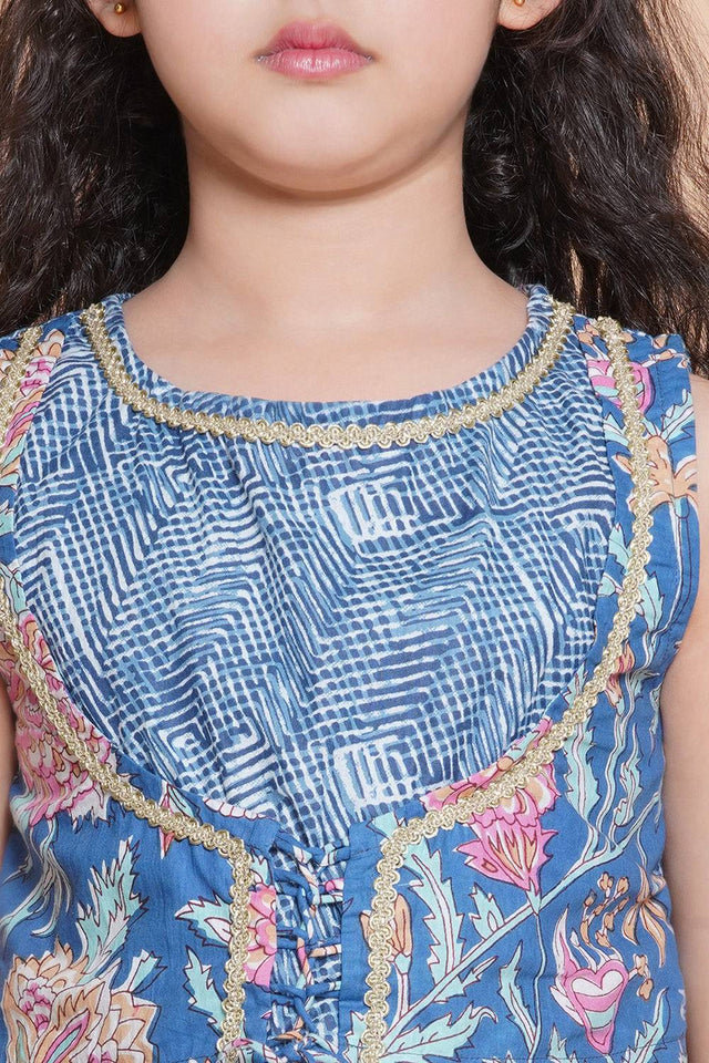Girl's Blue Foil Printed Cotton Kurta Set