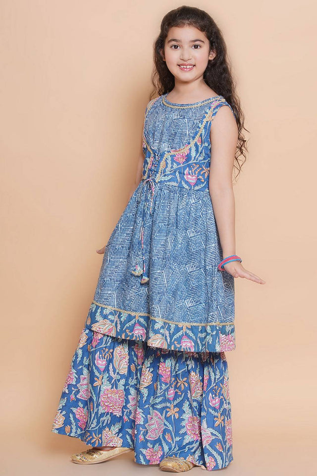 Girl's Blue Foil Printed Cotton Kurta Set
