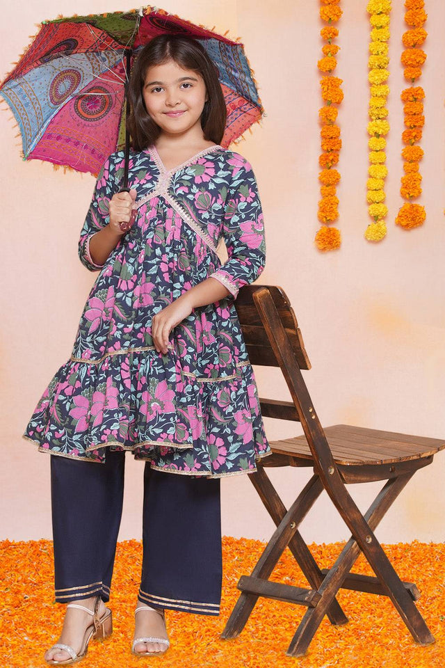 Girl's Navy Blue Floral Printed Cotton Kurta Set