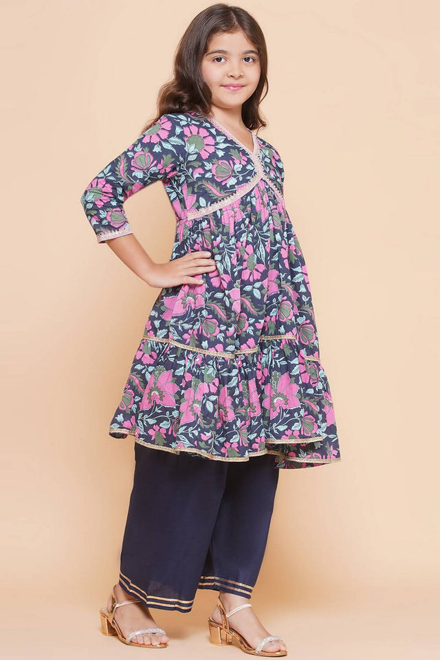 Girl's Navy Blue Floral Printed Cotton Kurta Set