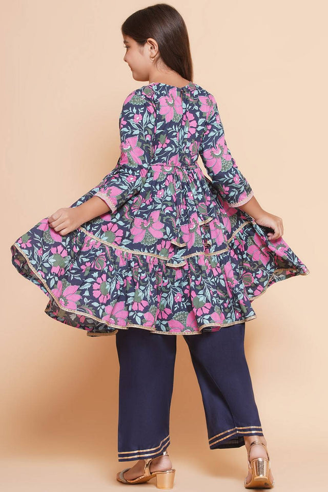 Girl's Navy Blue Floral Printed Cotton Kurta Set