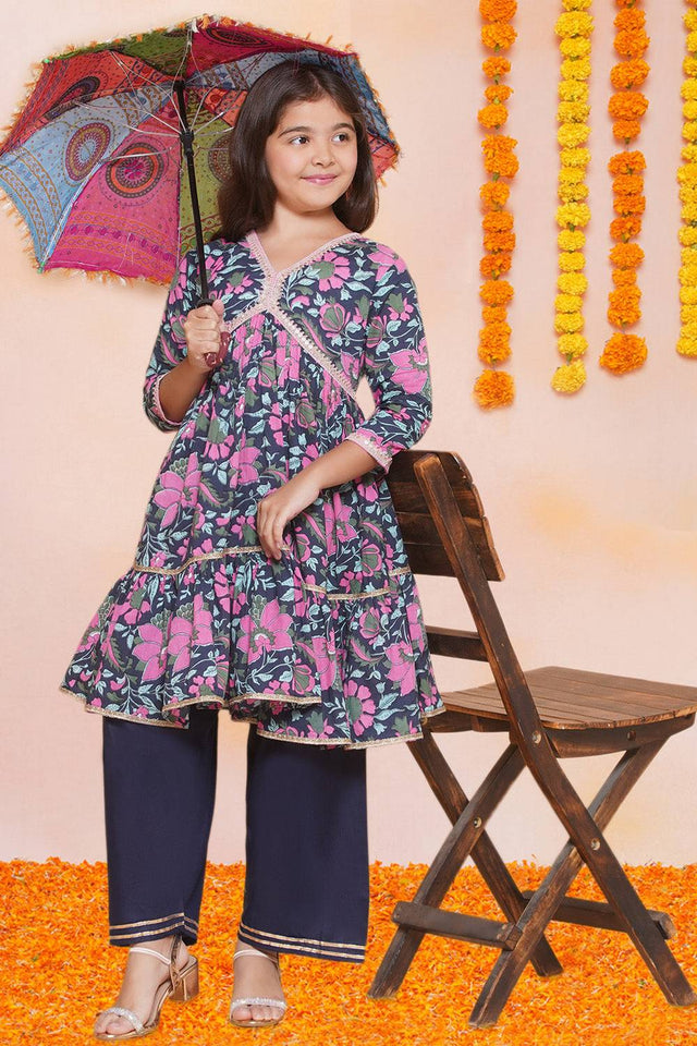 Girl's Navy Blue Floral Printed Cotton Kurta Set