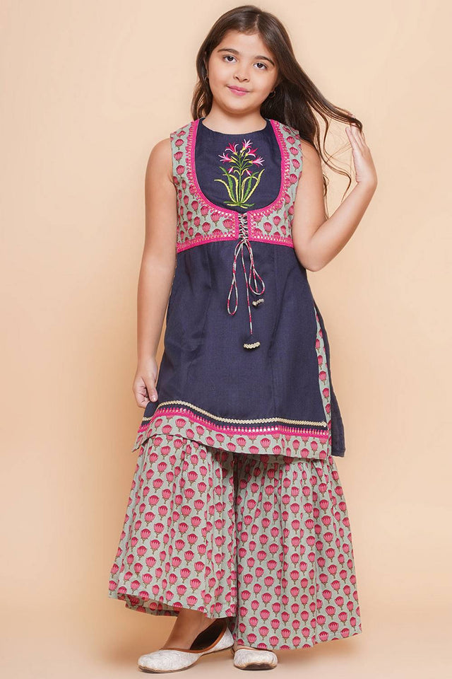 Girl's Navy Blue Embroidered Cotton Kurta Set