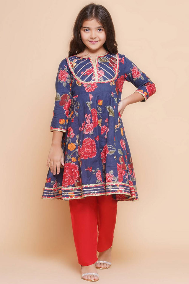 Girl's Navy Blue Floral Printed Cotton Kurta Set