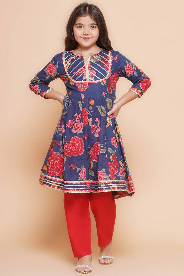 Girl's Navy Blue Floral Printed Cotton Kurta Set