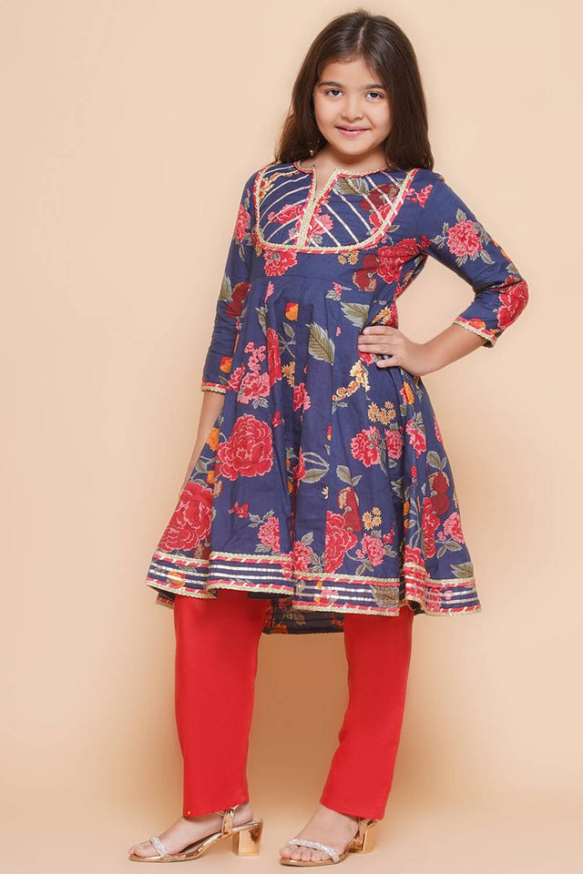 Girl's Navy Blue Floral Printed Cotton Kurta Set