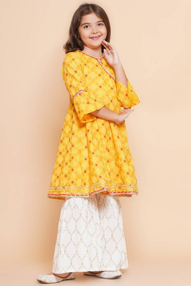 Girl's Yellow Bandhani Printed Cotton Kurta Set