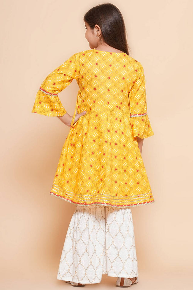 Girl's Yellow Bandhani Printed Cotton Kurta Set