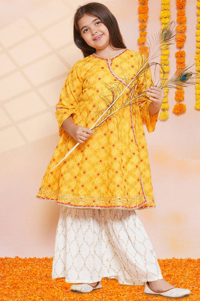 Girl's Yellow Bandhani Printed Cotton Kurta Set