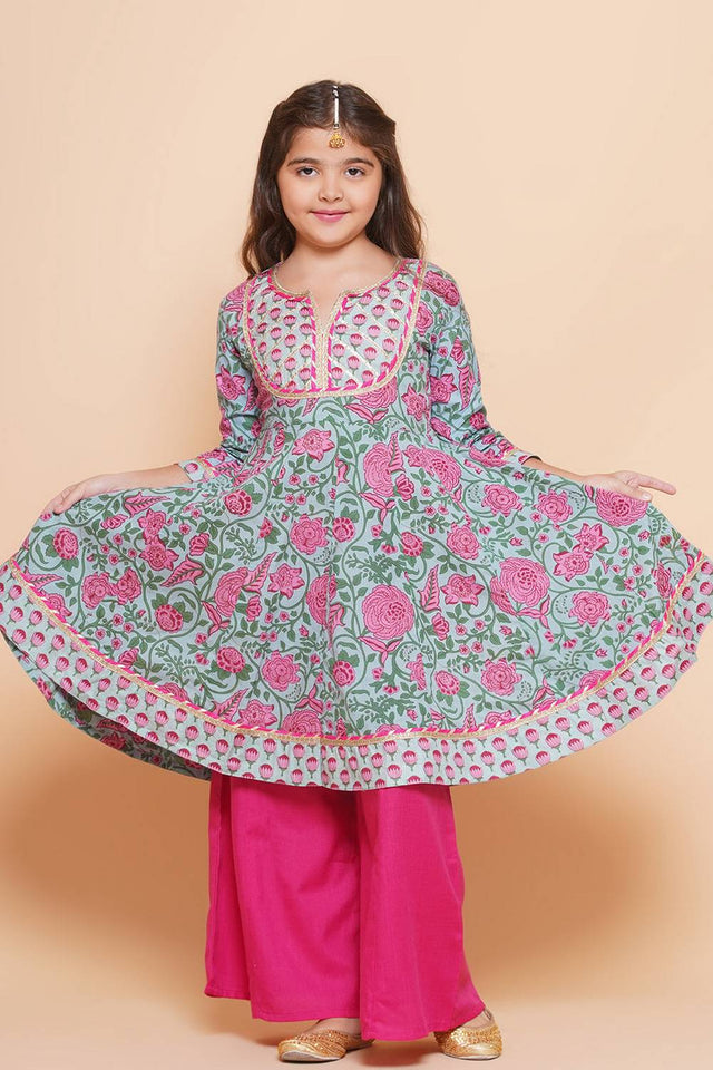 Girl's Blue Floral Printed Cotton Kurta Set