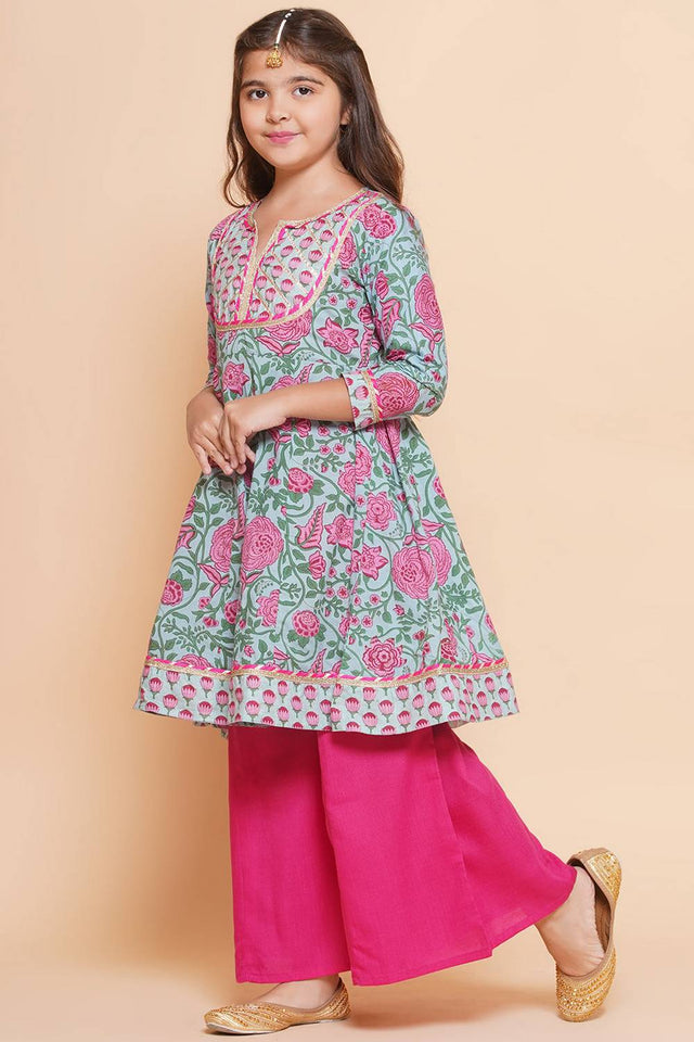 Girl's Blue Floral Printed Cotton Kurta Set