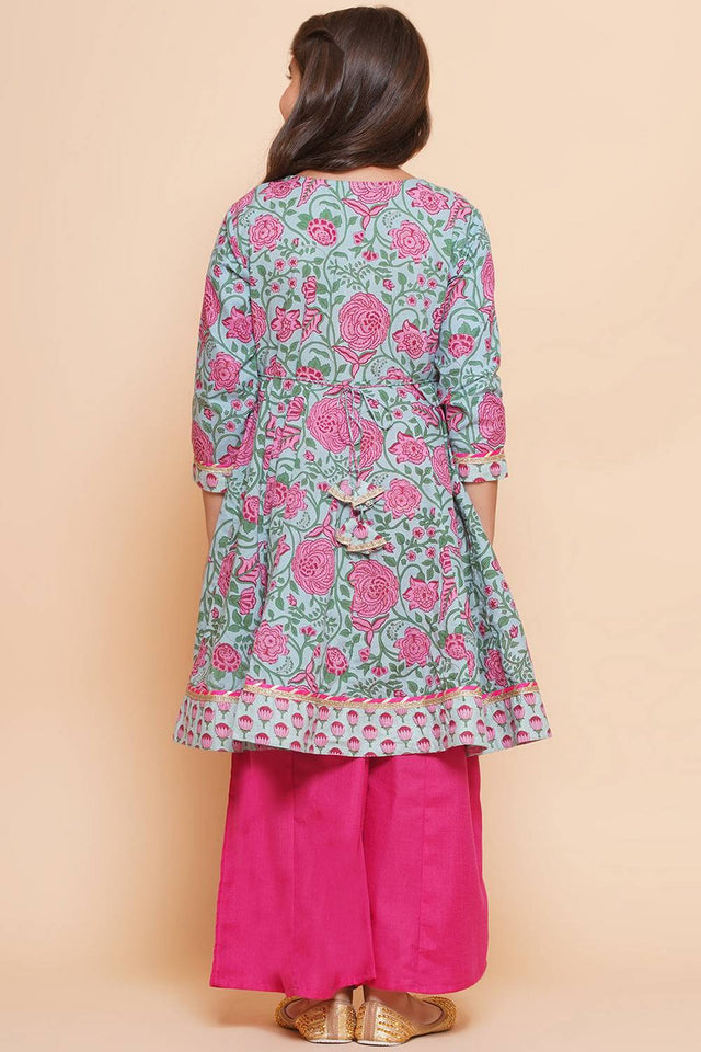 Girl's Blue Floral Printed Cotton Kurta Set