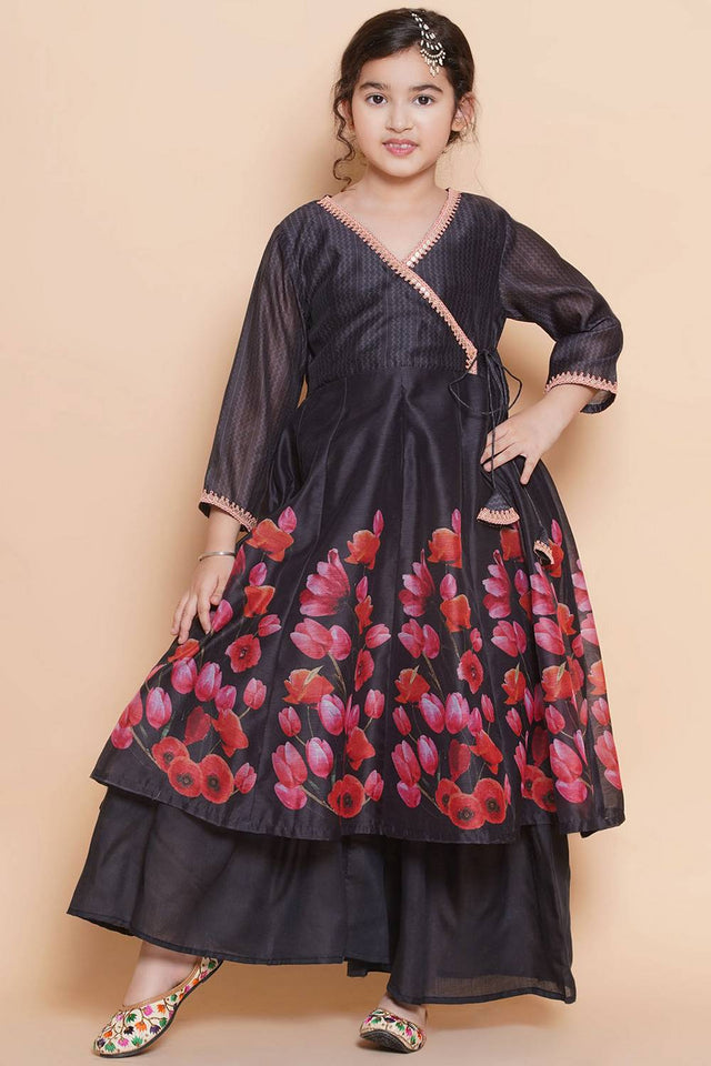 Girl's Black Floral Printed Silk Kurta Set