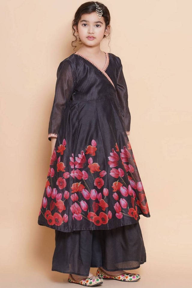 Girl's Black Floral Printed Silk Kurta Set (N2ZTKS196)