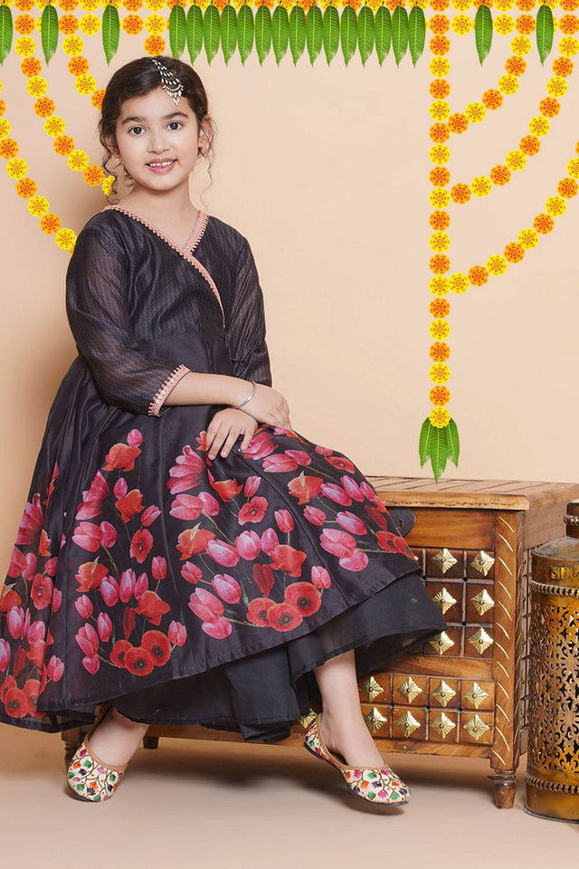 Girl's Black Floral Printed Silk Kurta Set (N2ZTKS196)