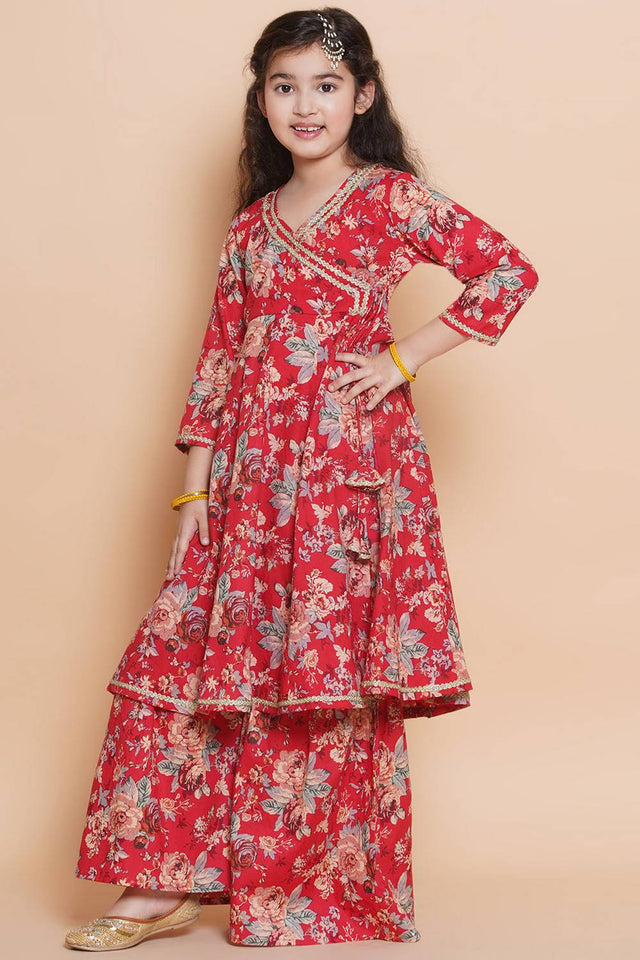 Girl's Red Floral Printed Cotton Kurta Set