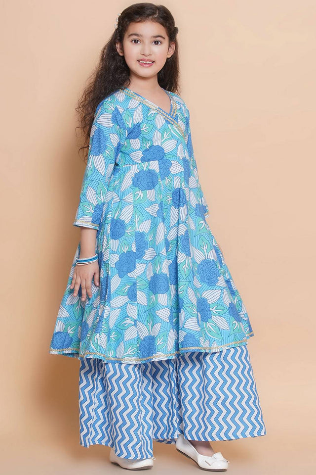 Girl's Blue Floral Printed Cotton Kurta Set