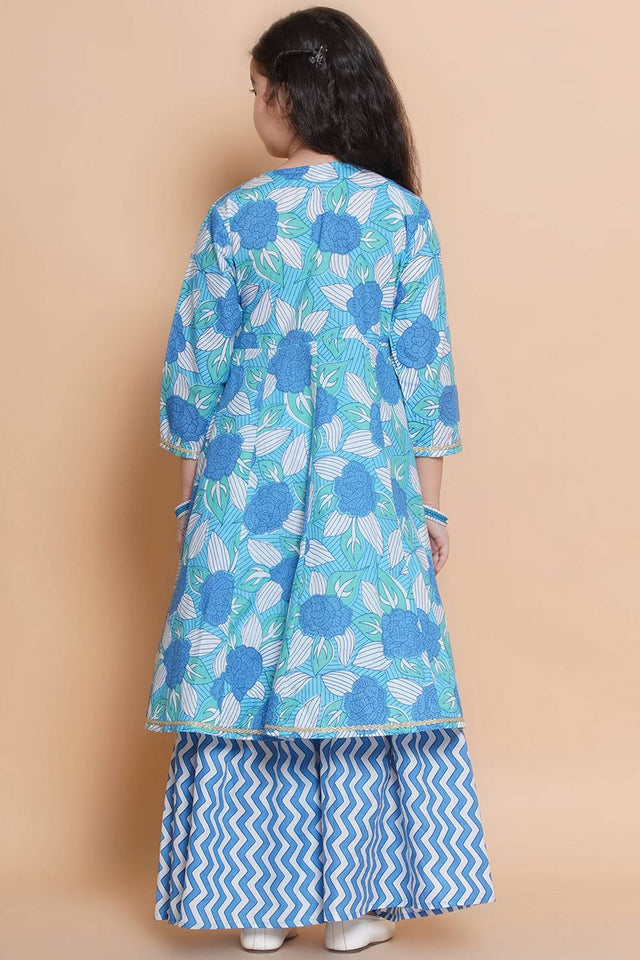 Girl's Blue Floral Printed Cotton Kurta Set