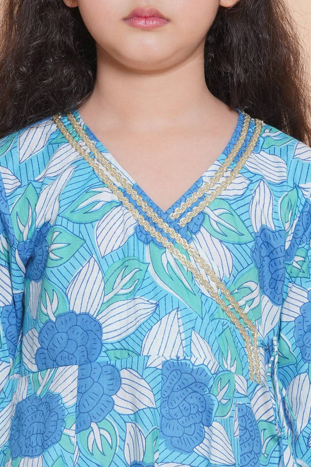 Girl's Blue Floral Printed Cotton Kurta Set