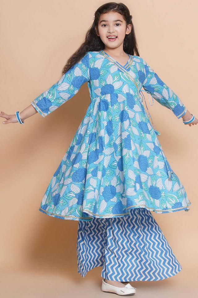 Girl's Blue Floral Printed Cotton Kurta Set