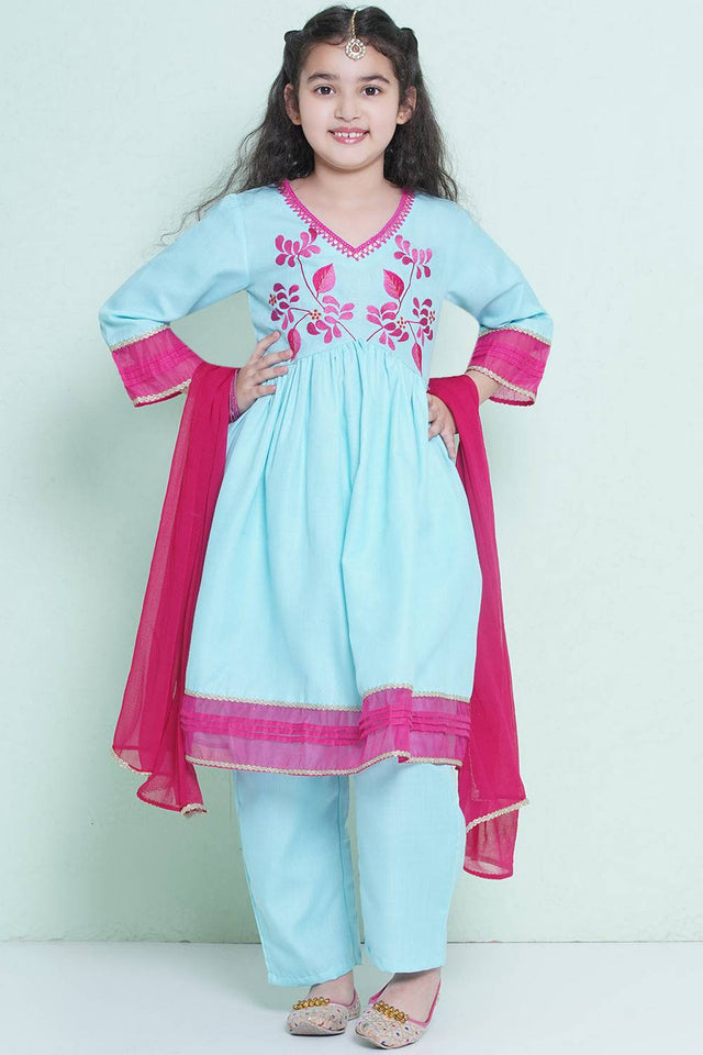Girl's Blue Embroidered Cotton Kurta Set