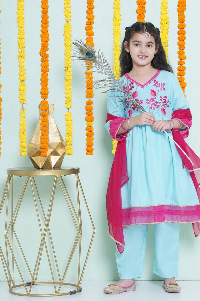 Girl's Blue Embroidered Cotton Kurta Set