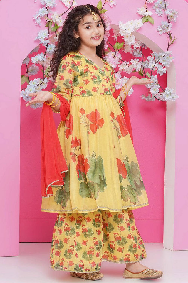 Girl's Yellow Floral Printed Silk Kurta Set
