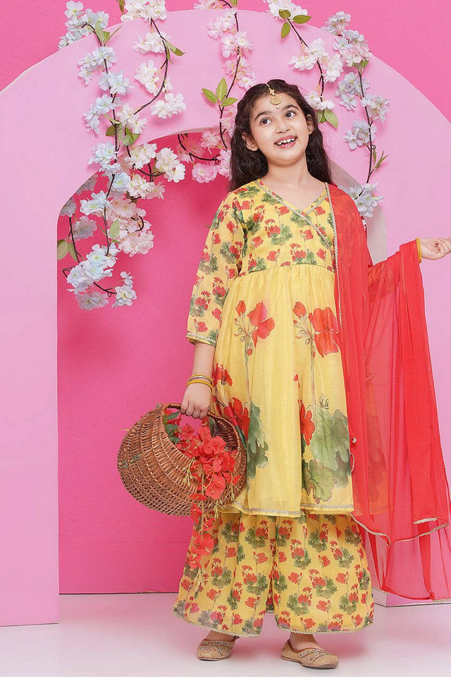 Girl's Yellow Floral Printed Silk Kurta Set