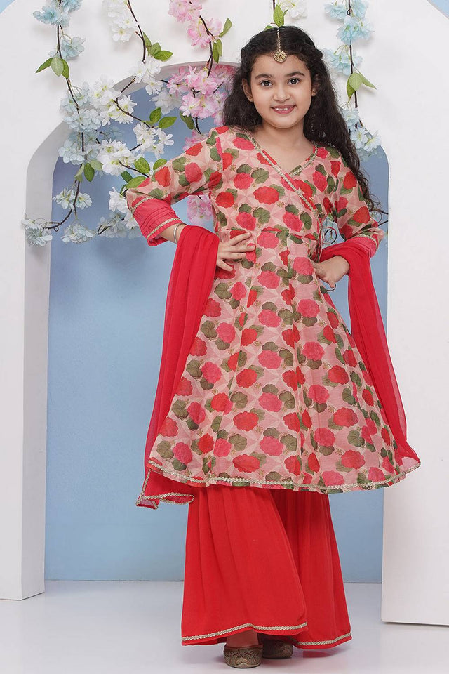 Girl's Red Floral Printed Silk Kurta Set