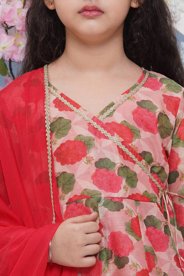 Girl's Red Floral Printed Silk Kurta Set