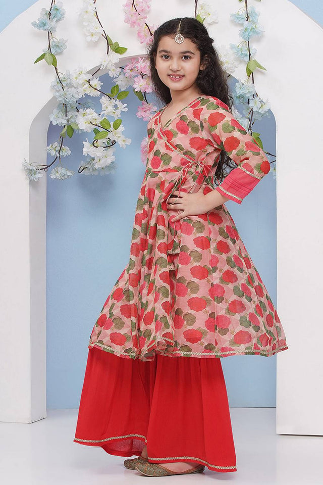 Girl's Red Floral Printed Silk Kurta Set