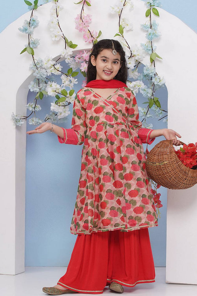 Girl's Red Floral Printed Silk Kurta Set
