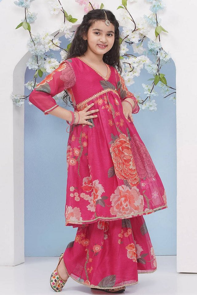Girl's Pink Floral Printed Silk Kurta Set